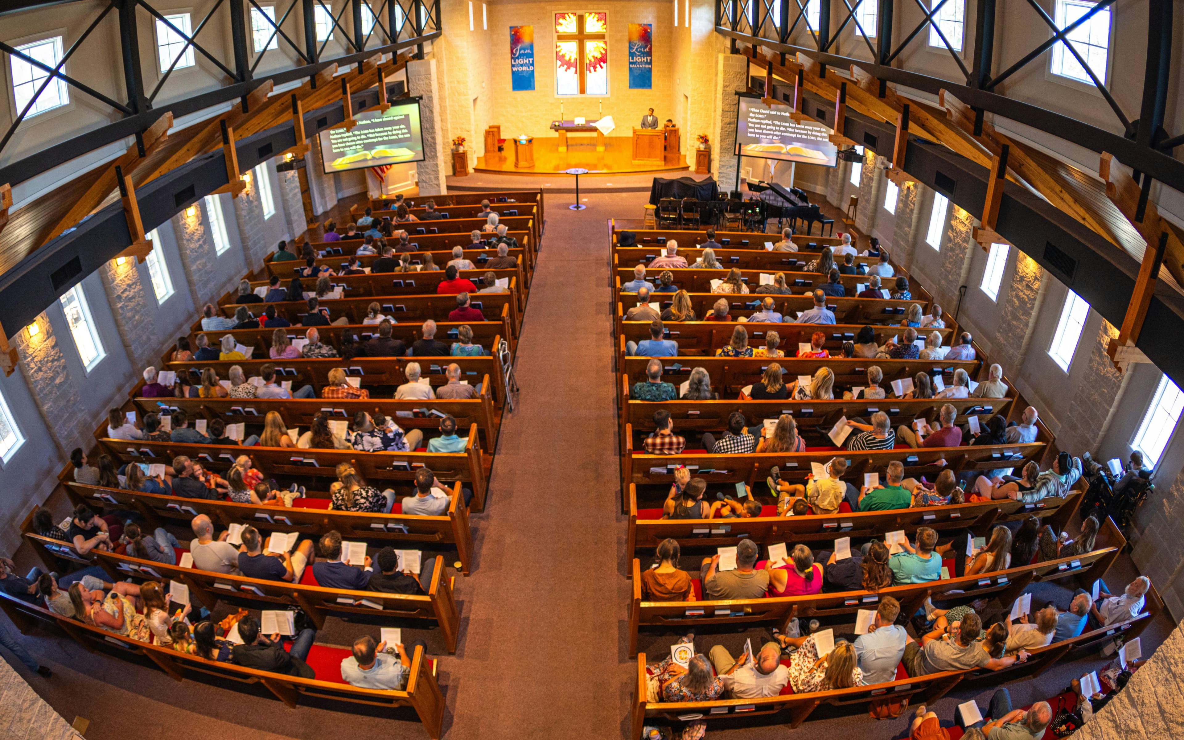 The congregation seated in the sanctuary during a Sunday service